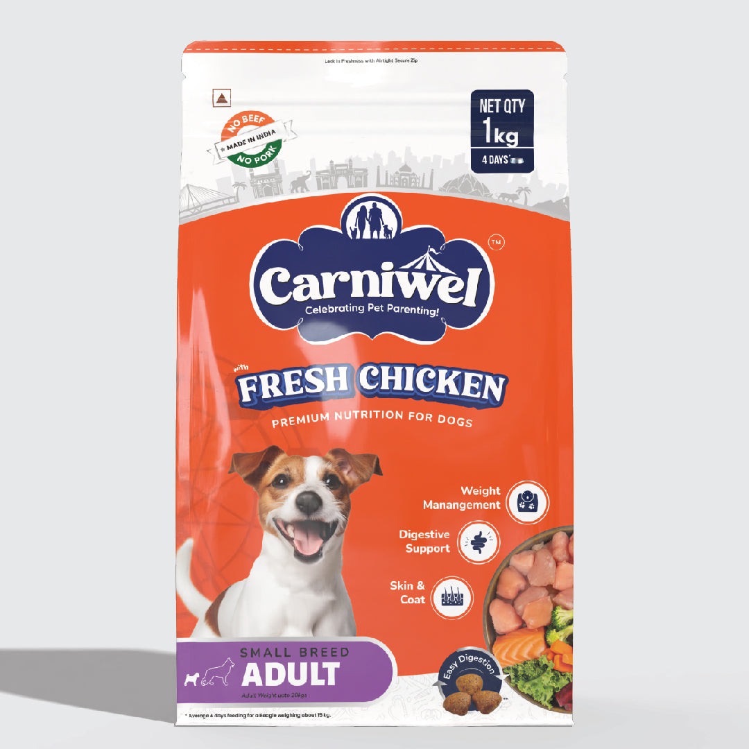 Carniwel Dry Dog Food with Fresh Chicken for adult dogs. Ideal for small-breed dogs & pedigree dog. Healthy dog food.