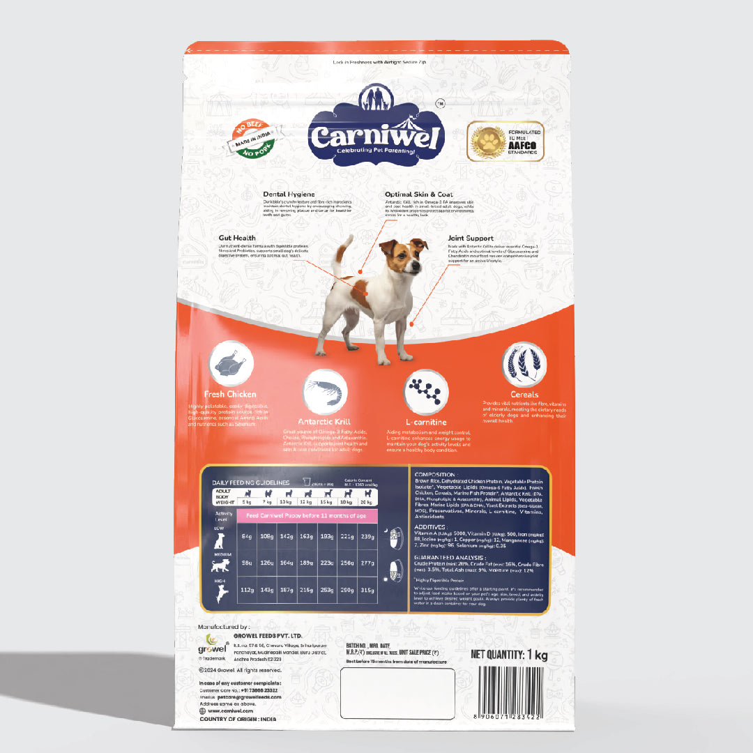 Carniwel Dry Dog Food with Fresh Chicken for Adult Dogs formulated as per AAFCO standards. Premium & Healthy dog food.