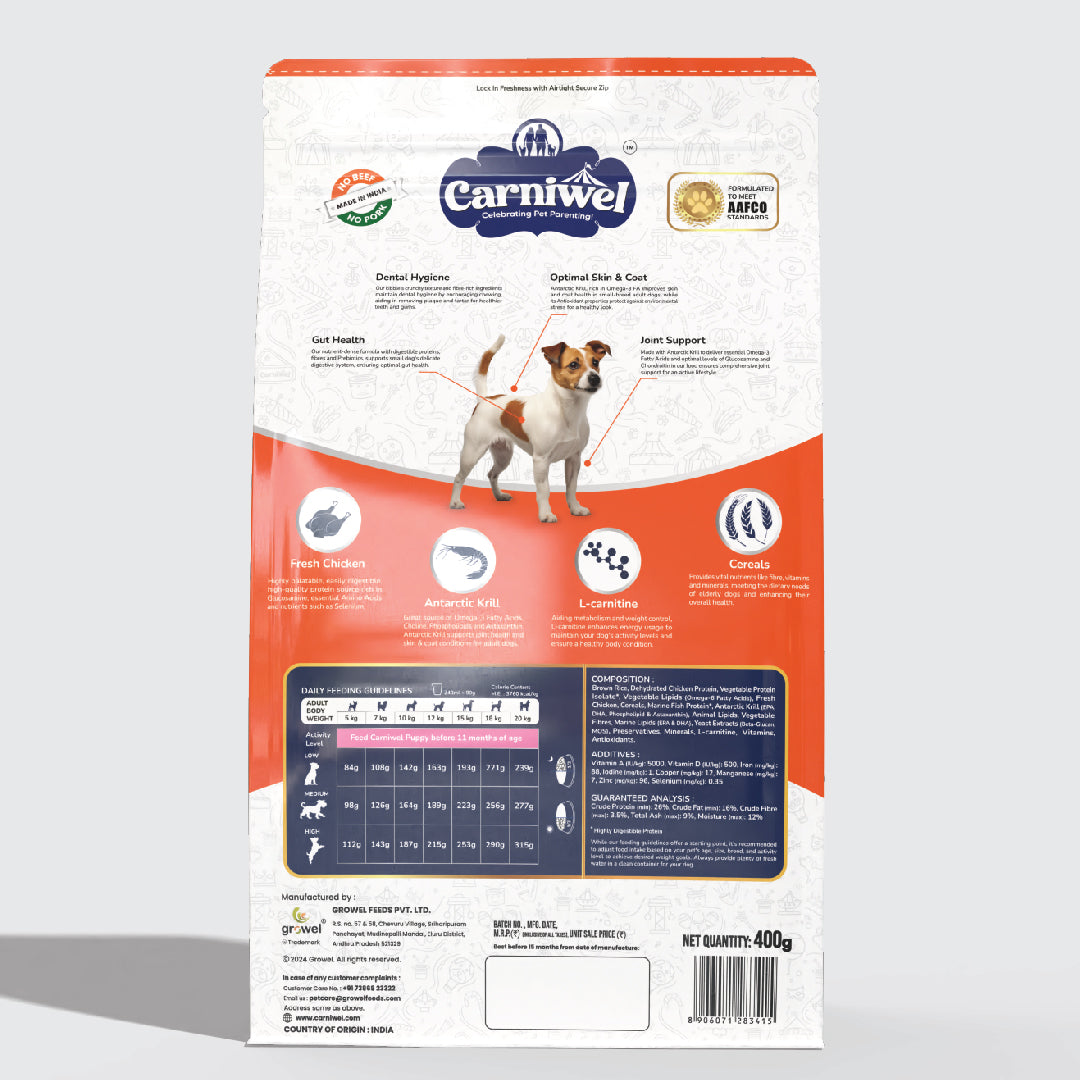 Carniwel Dry Dog Food with Fresh Chicken for Adult Dogs formulated as per AAFCO standards. Premium & Healthy dog food.