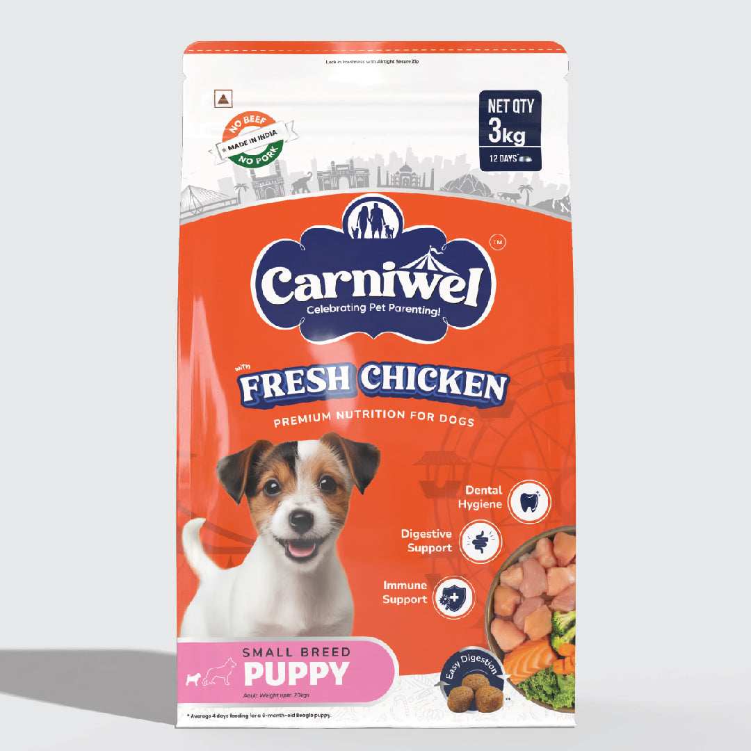 Carniwel Dry Dog Food with Fresh Chicken for Puppy. Ideal for small-breed dogs & pedigree dogs. Premium & healthy dog food
