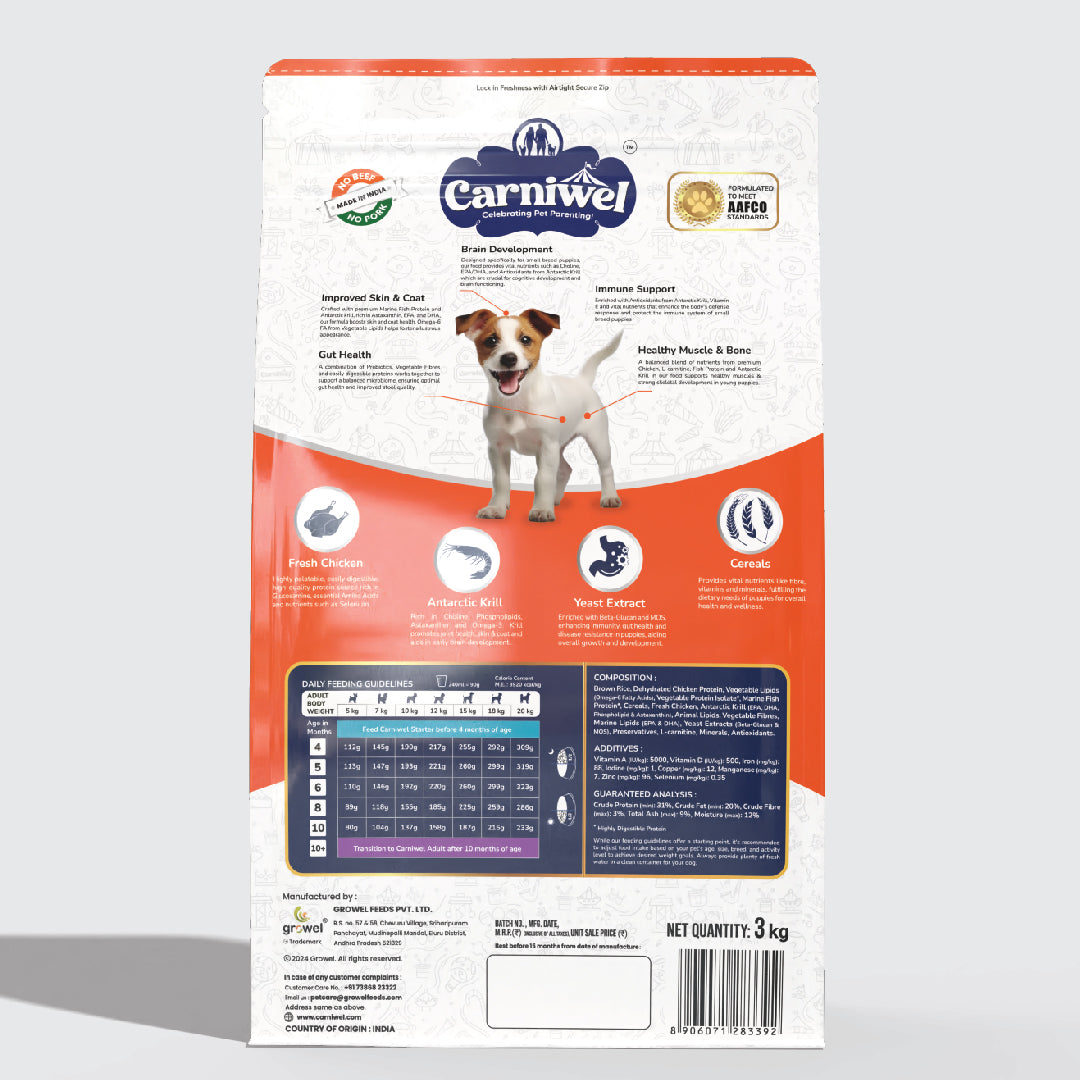 Carniwel Dry Dog Food with Fresh Chicken for puppy formulated as per AAFCO standards. Premium & healthy dog food