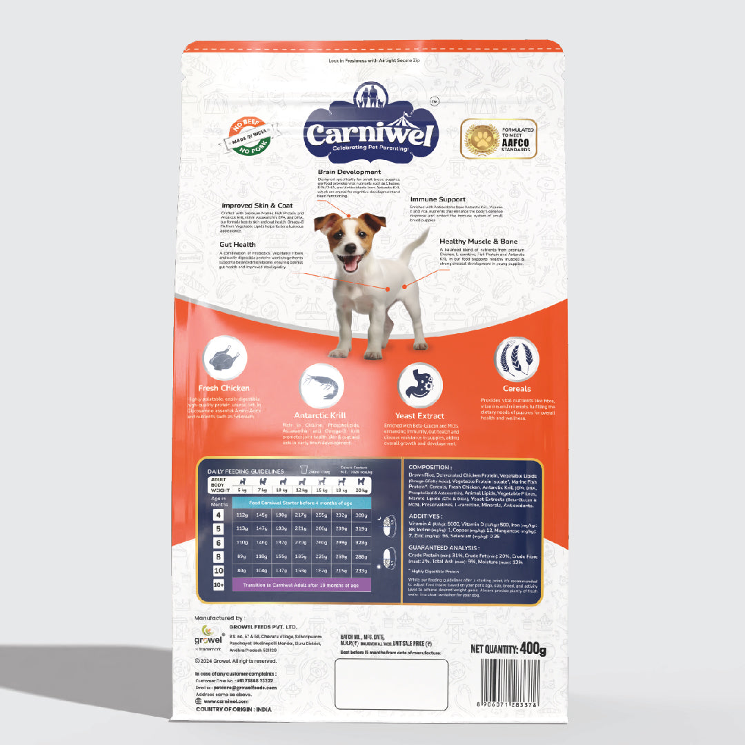 Carniwel Dry Dog Food with Fresh Chicken for puppy formulated as per AAFCO standards. Premium & healthy dog food