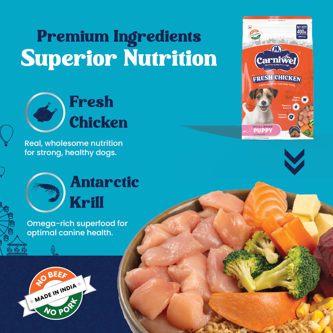Carniwel Fresh Chicken Dry Dog Food with premium ingredients- Fresh Chicken, Antarctic Krill, Yeast Extract, L-carnitine.