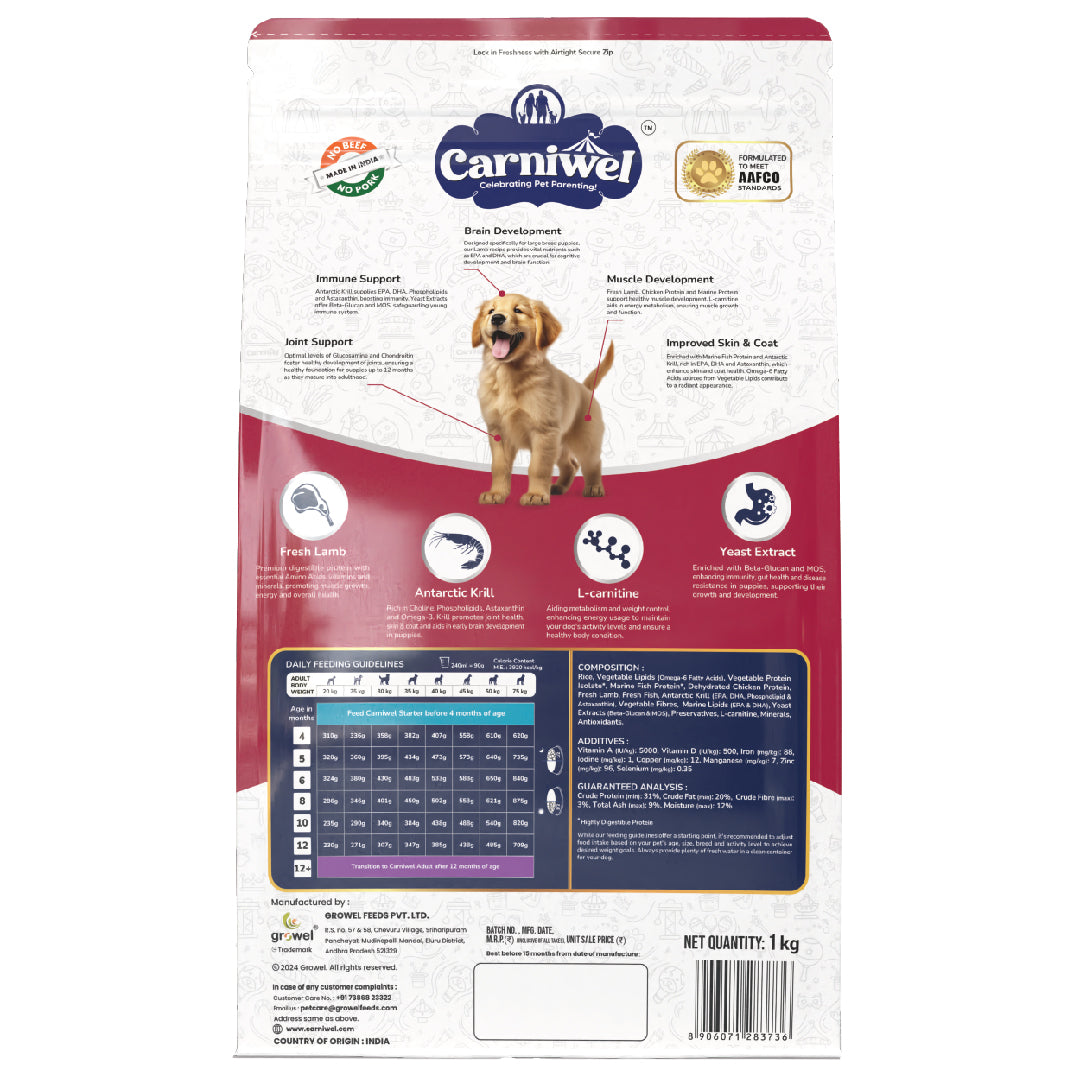Carniwel Dry Dog Food with Fresh Lamb for Puppy formulated as per AAFCO standards. Premium & healthy dog food | Best Pet Food