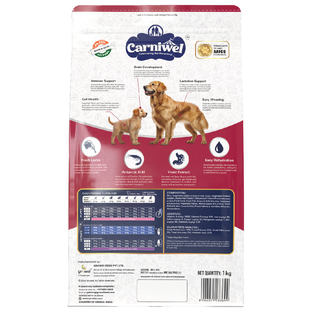 Carniwel Dry Dog Food with Fresh Lamb for puppy and mother dogs formulated as per AAFCO standards. Premium & healthy dog food