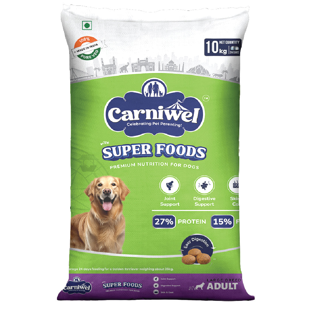 Carniwel Dry Dog Food with superfoods for adult dogs. 100% vegetarian, ideal for large-breed dogs & pedigree dog. Healthy dog food