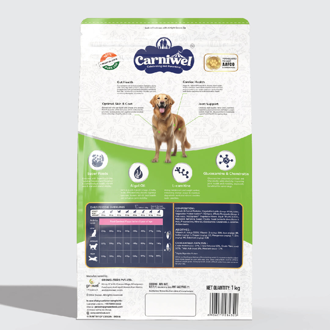 Carniwel Dry Dog Food with superfoods for Adult Dogs formulated as per AAFCO standards. Premium & Healthy dog food.