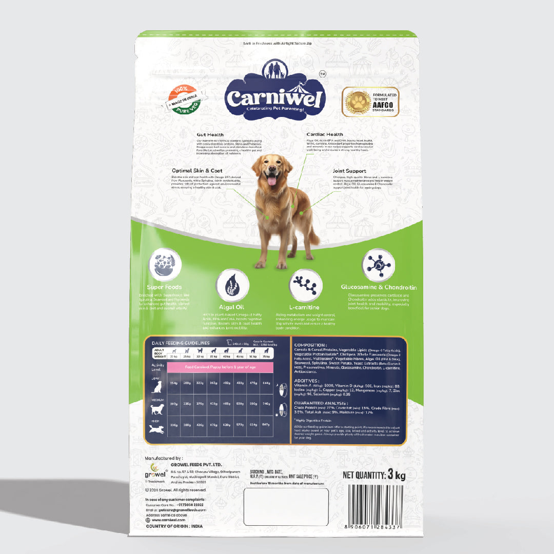 Carniwel Dry Dog Food with superfoods for adult dogs. 100% vegetarian, ideal for large-breed dogs & pedigree dog. Healthy dog food