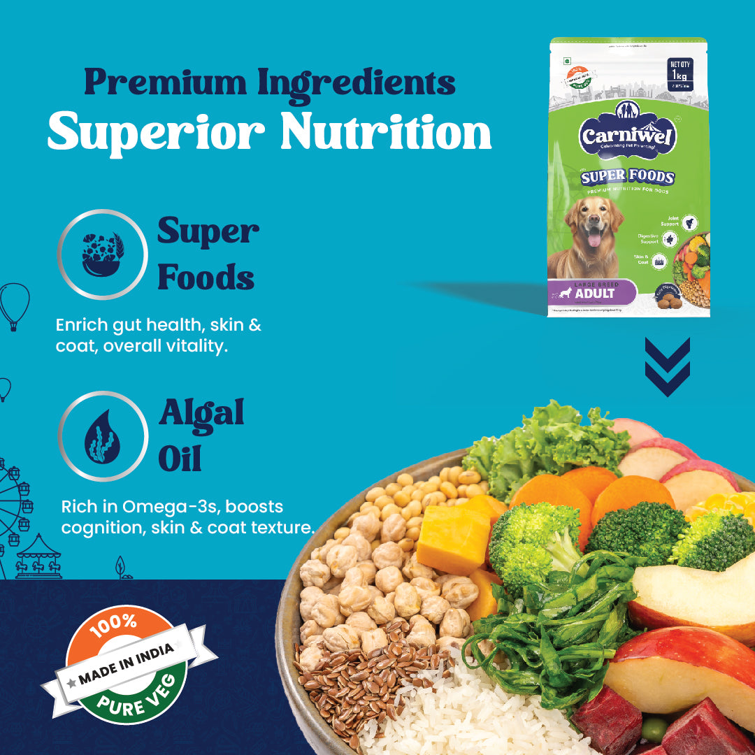 Carniwel Veg Dry Dog Food with premium ingredients- algal oil, spirulina, flaxseeds, seaweed, & vegetable protein.