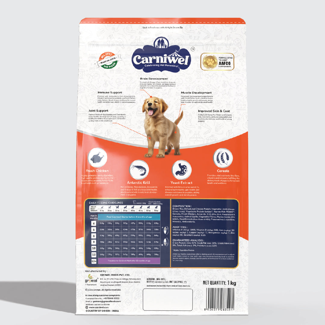 Carniwel Dry Dog Food with Fresh Chicken for Puppy formulated as per AAFCO standards. Premium & Healthy dog food