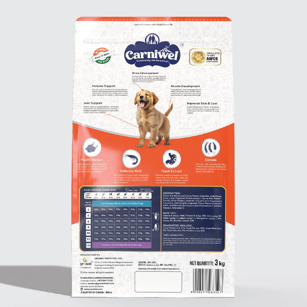 Carniwel Dry Dog Food with Fresh Chicken for Puppy formulated as per AAFCO standards. Premium & Healthy dog food