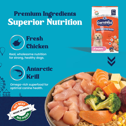 Carniwel Fresh Chicken Dry Dog Food with premium ingredients- Fresh Chicken, Antarctic Krill, Yeast Extract, L-carnitine.