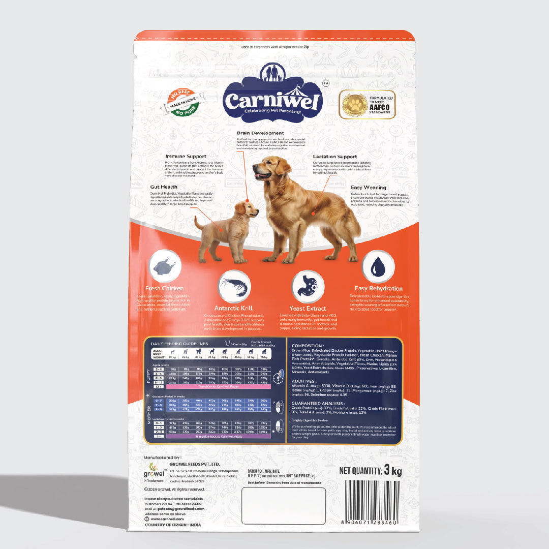 Carniwel Dry Dog Food with Fresh Chicken for puppy and mother dogs formulated as per AAFCO standards. Healthy dog food