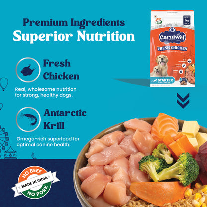 Carniwel Fresh Chicken Dry Dog Food with premium ingredients - Fresh Chicken, Antarctic Krill, Yeast Extract, L-carnitine.