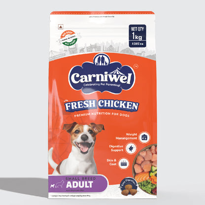 Carniwel Dry Dog Food with Fresh Chicken for adult dogs. Ideal for small-breed dogs & pedigree dog. Healthy dog food.