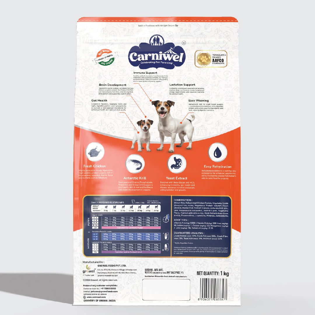 Carniwel Dry Dog Food with Fresh Chicken for puppy and mother dogs formulated as per AAFCO standards. Healthy dog food.