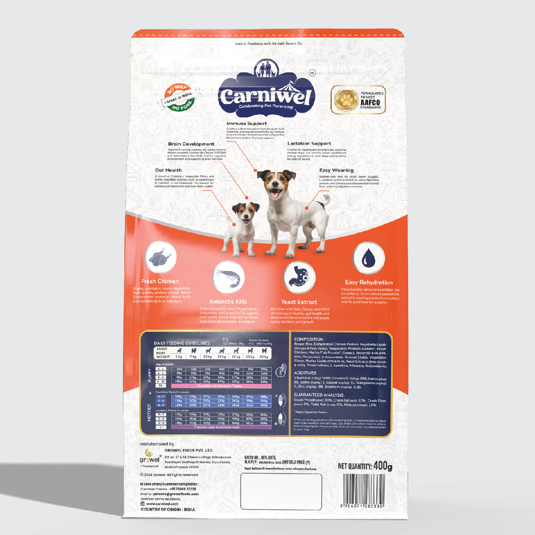 Carniwel Dry Dog Food with Fresh Chicken for puppy and mother dogs formulated as per AAFCO standards. Healthy dog food.