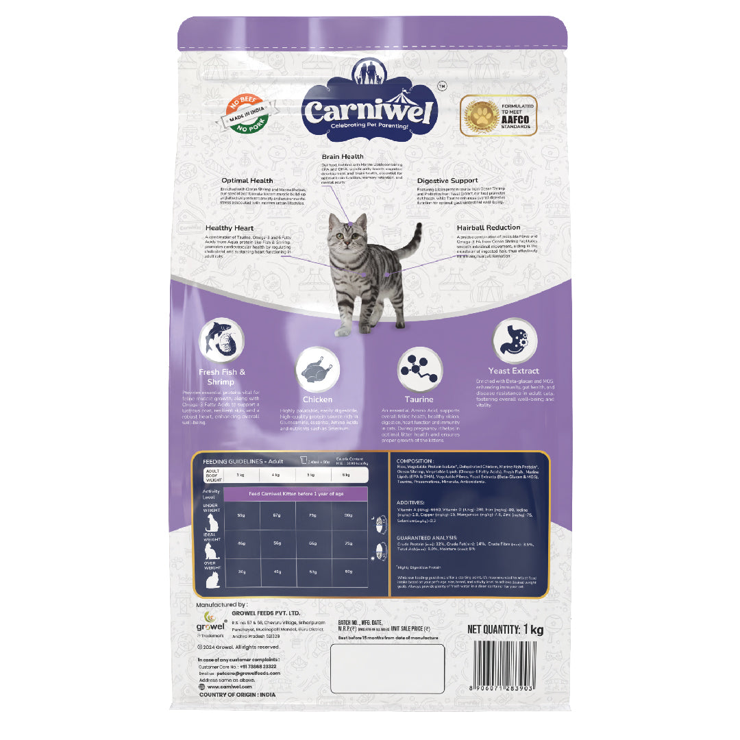 Carniwel Dry Cat Food with Fresh Fish & Shrimp for Adult cats formulated as per AAFCO standards. Best Pet Food