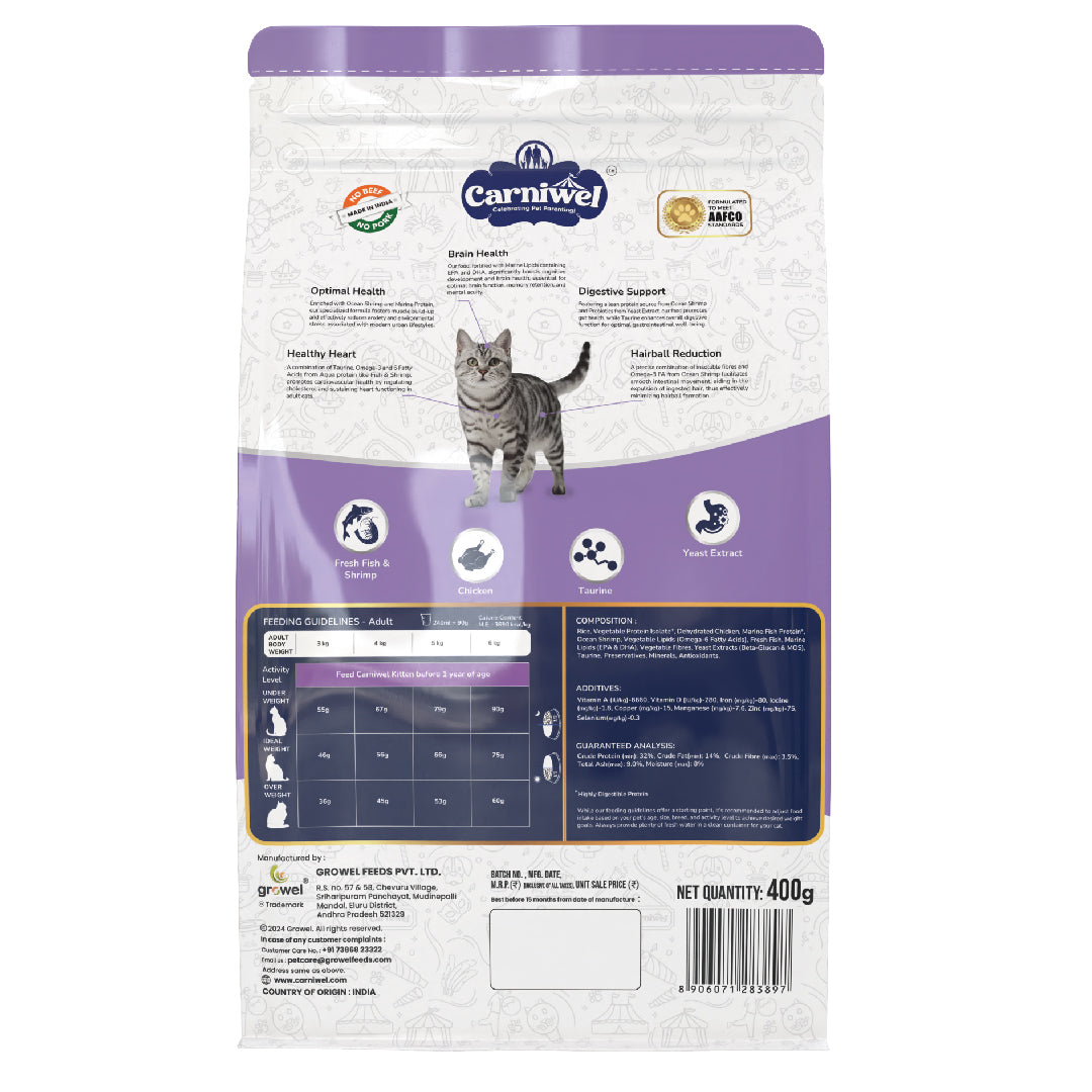 Carniwel Dry Cat Food with Fresh Fish & Shrimp for Adult cats formulated as per AAFCO standards. Best Pet Food