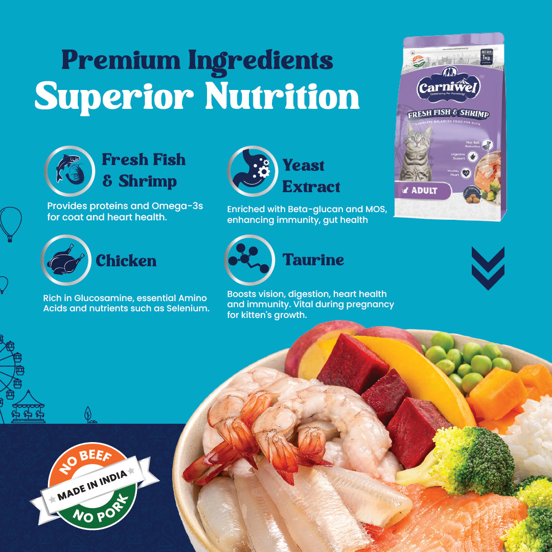 Carniwel Fresh Fish & Shrimp Dry Cat Food with premium ingredients- Fresh Fish, Ocean Shrimp, Chicken, Taurine. Best Pet Food