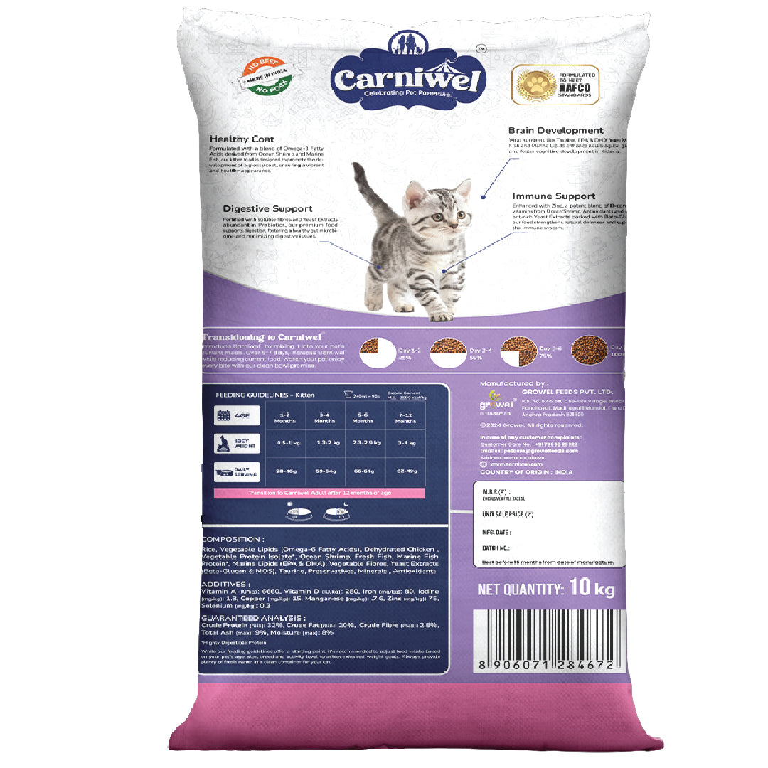 Carniwel Dry Cat Food with Fresh Fish & Shrimp for Kittens formulated as per AAFCO standards. Healthy cat food. Best Pet Food