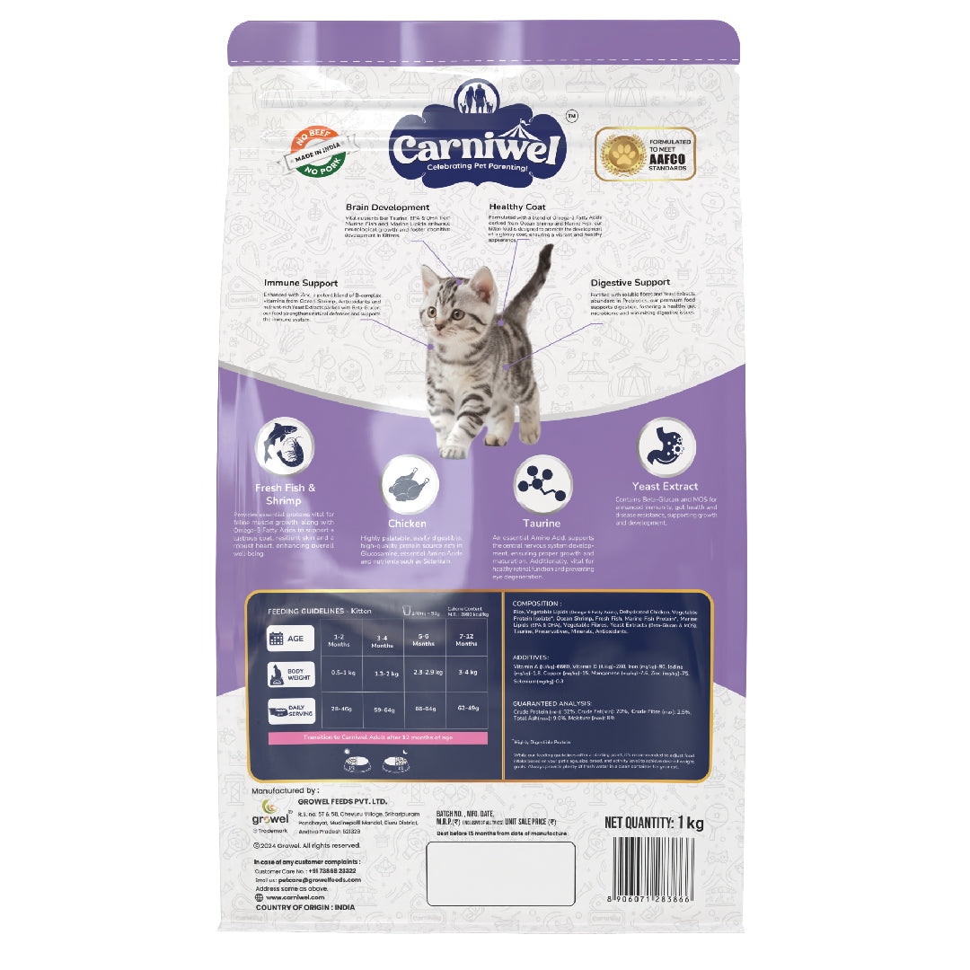 Carniwel Dry Cat Food with Fresh Fish & Shrimp for Kittens formulated as per AAFCO standards. Best Pet Food