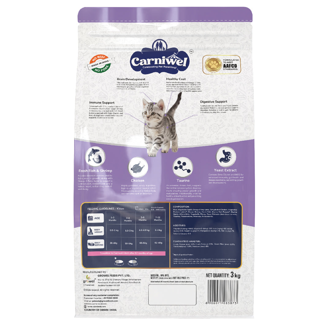 Carniwel Dry Cat Food with Fresh Fish & Shrimp for Kittens formulated as per AAFCO standards. Healthy cat food. Best Pet Food