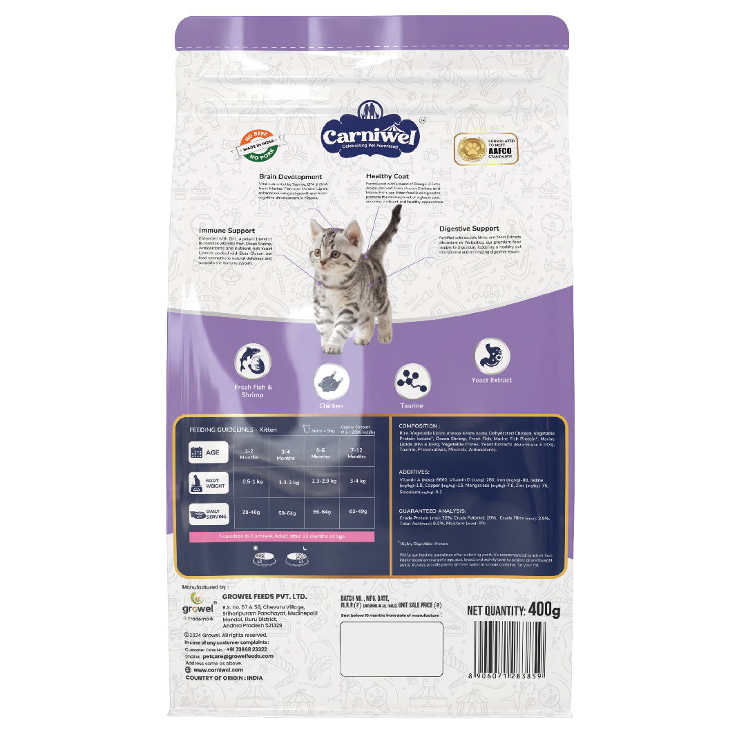 Carniwel Dry Cat Food with Fresh Fish & Shrimp for Kittens formulated as per AAFCO standards. Healthy cat food. Best Pet Food