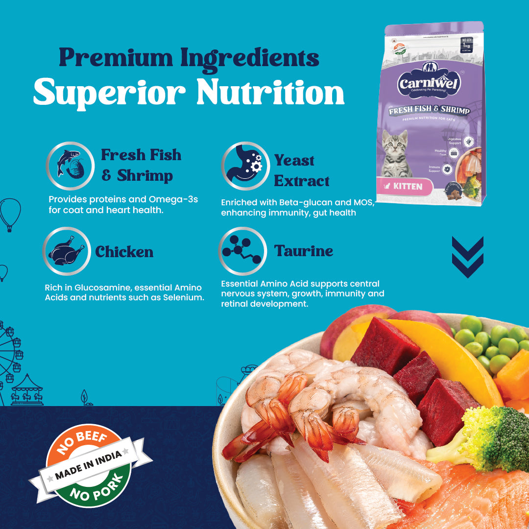 Carniwel Fresh Fish & Shrimp Dry Cat Food with premium ingredients- Fresh Fish, Ocean Shrimp, Chicken, Taurine.
