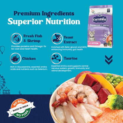 Carniwel Fresh Fish & Shrimp Dry Cat Food with premium ingredients- Fresh Fish, Ocean Shrimp, Chicken, Taurine.