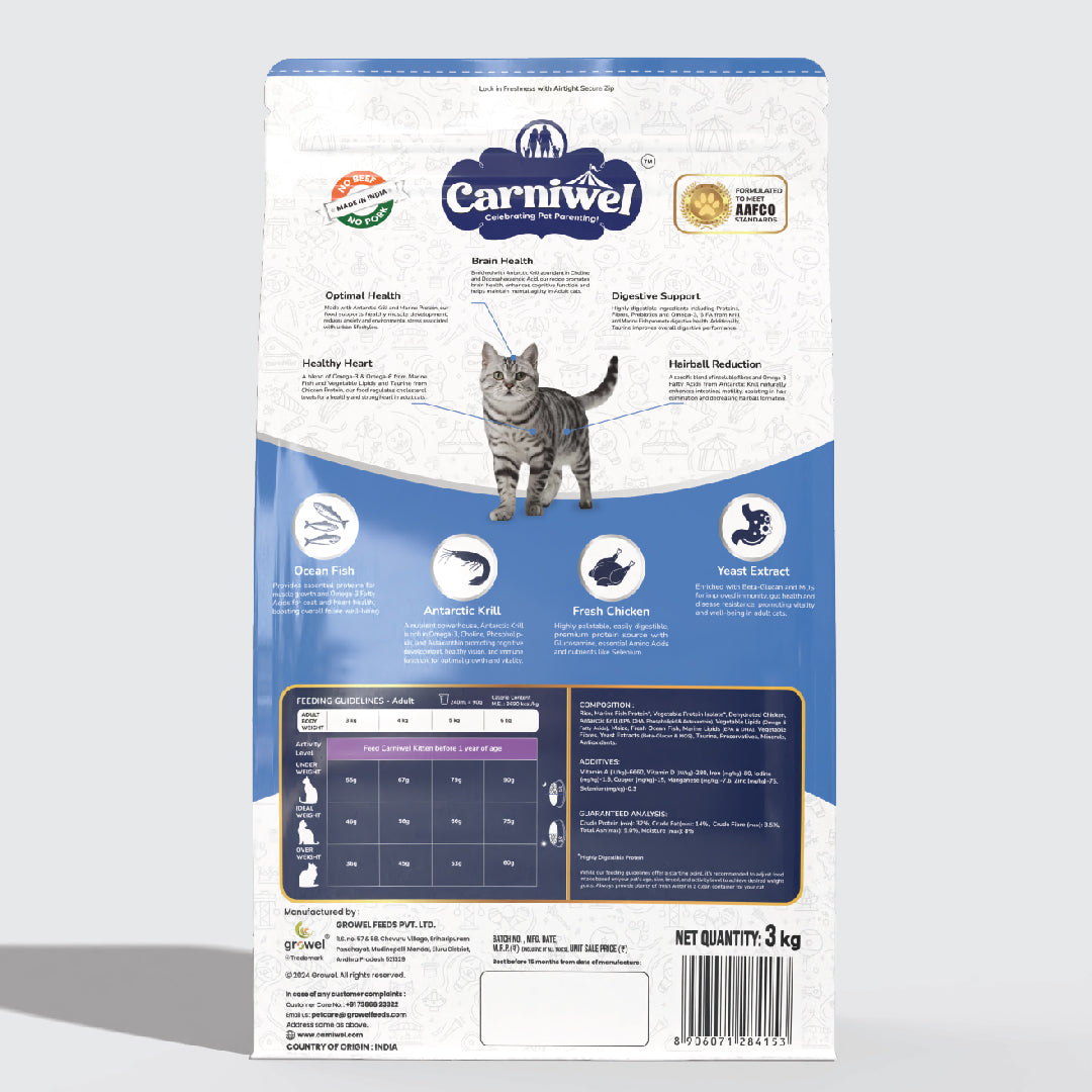 Carniwel Dry Cat Food with Ocean Fish & Antarctic Krill for Adult Cats formulated as per AAFCO standards. Best Pet Food