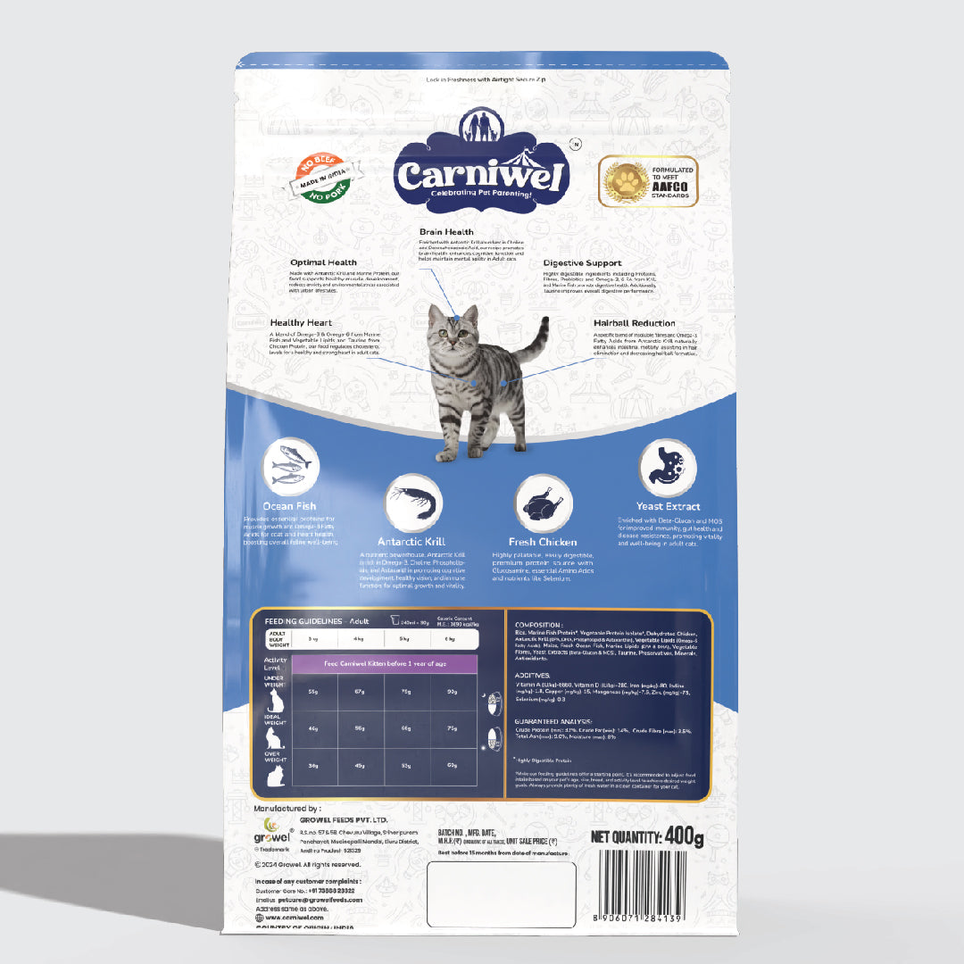 Carniwel Dry Cat Food with Ocean Fish & Antarctic Krill for Adult cats formulated as per AAFCO standards. Best Pet Food