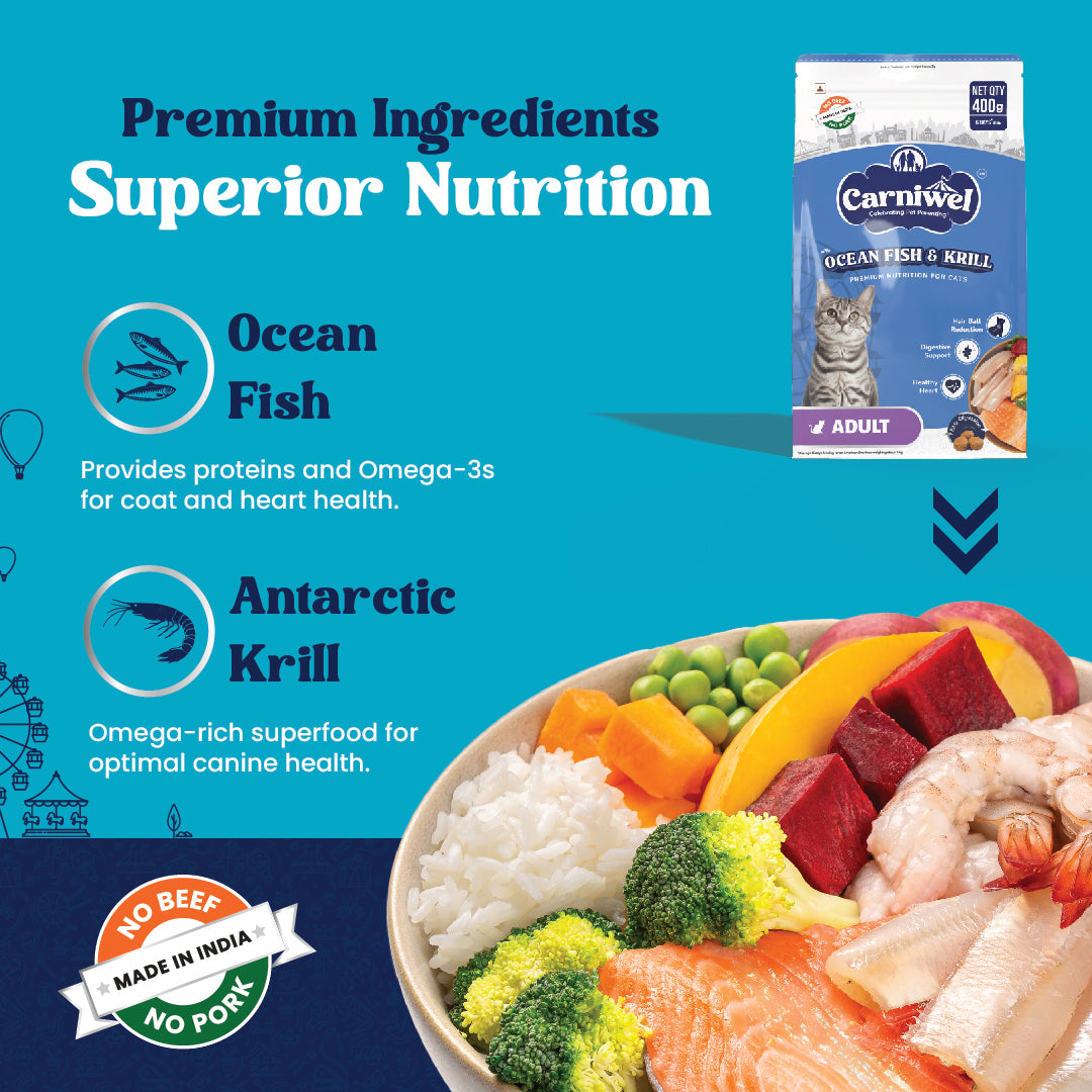 Carniwel Ocean Fish & Krill Dry Cat Food with premium ingredients - Ocean Fish, Fresh Chicken, Antarctic Krill, Fish, Taurine.