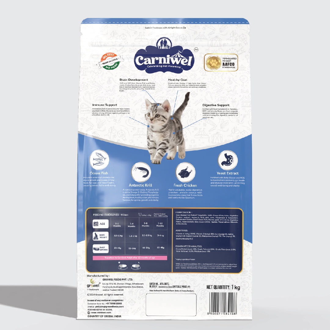 Carniwel Dry Cat Food with Ocean Fish & Antarctic Krill for Kittens is formulated as per AAFCO standards. Premium cat food