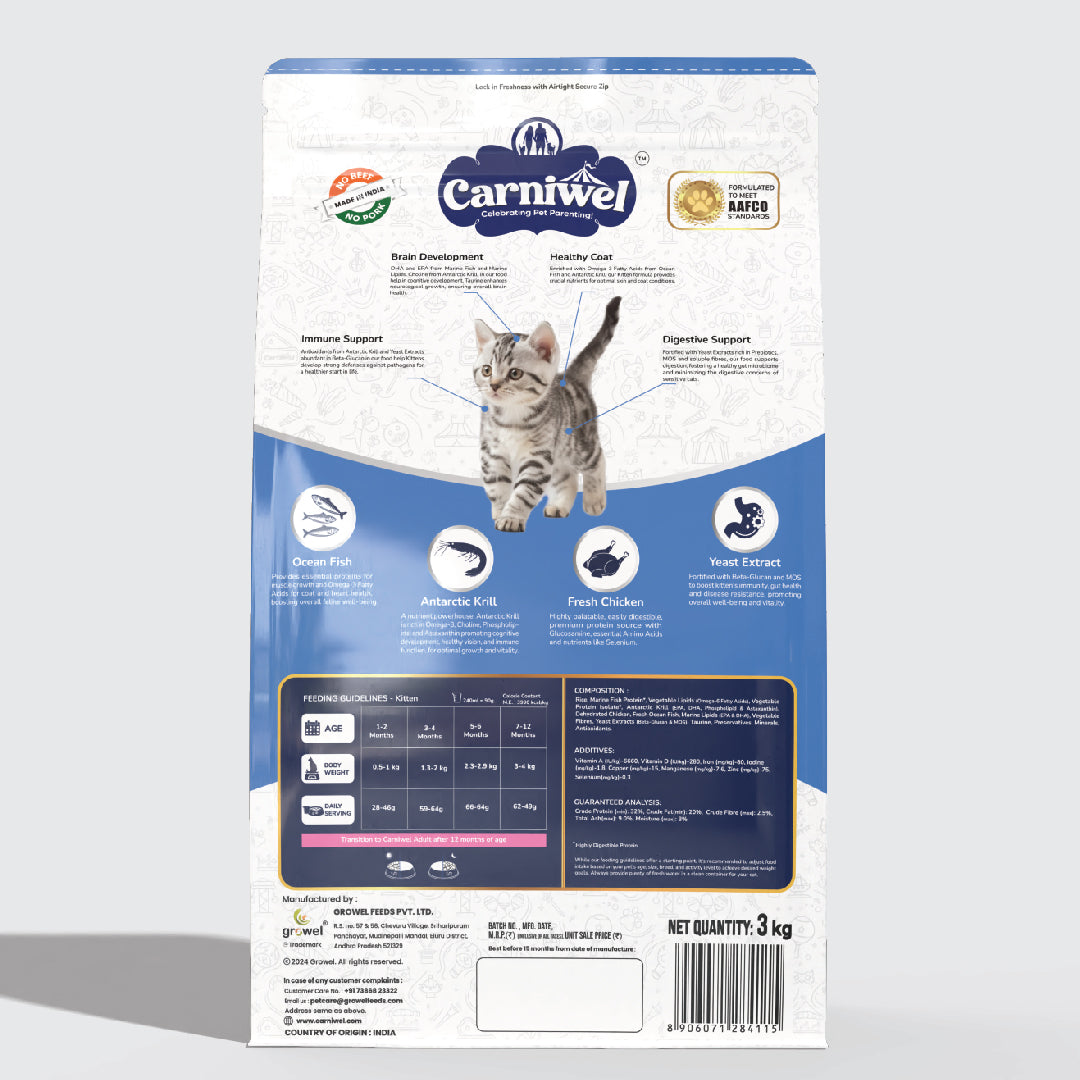 Carniwel Dry Cat Food with Ocean Fish & Antarctic Krill for Kittens is formulated as per AAFCO standards. Premium cat food