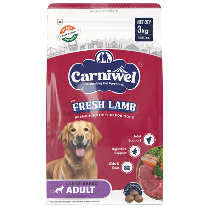 Carniwel Dry Dog Food with Fresh Lamb for adult dogs. Ideal for large-breed dogs & pedigree dog. Premium & healthy dog food