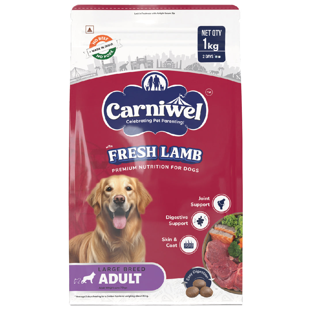 Carniwel Dry Dog Food with Fresh Lamb for adult dogs. Ideal for large-breed dogs & pedigree dog. Premium & healthy dog food