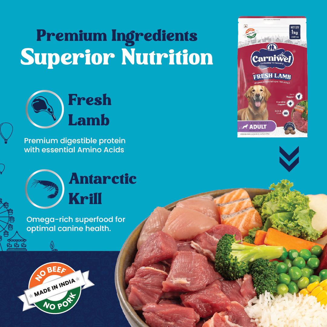 Carniwel Fresh Lamb Dry Dog Food with premium ingredients- Fresh Lamb, Antarctic Krill, Fish, Yeast Extract, L-carnitine.