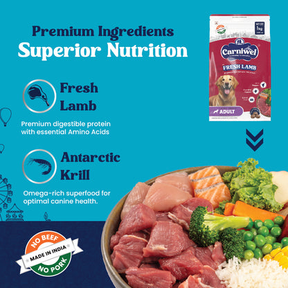 Carniwel Fresh Lamb Dry Dog Food with premium ingredients- Fresh Lamb, Antarctic Krill, Fish, Yeast Extract, L-carnitine.