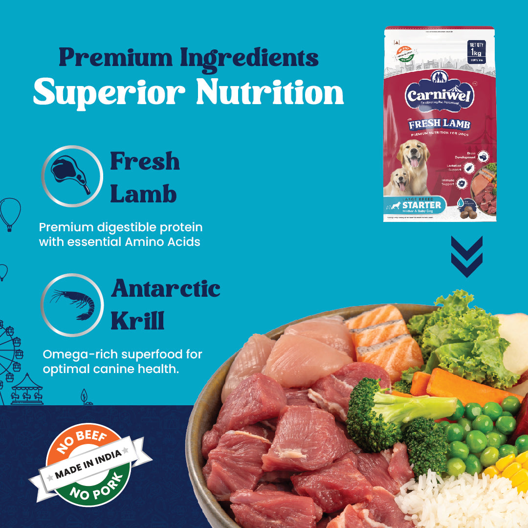 Carniwel Fresh Lamb Dry Dog Food with premium ingredients- Fresh Lamb, Antarctic Krill, Fish, Yeast Extract, L-carnitine.