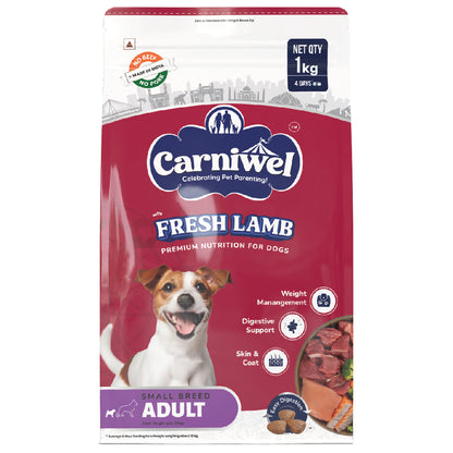 Carniwel Dry Dog Food with Fresh Lamb for adult dogs. Ideal for small-breed dogs & pedigree dog. Premium & healthy dog food