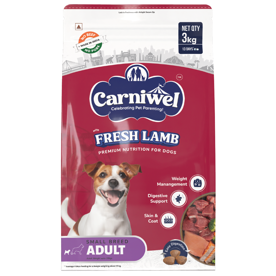 Carniwel Dry Dog Food with Fresh Lamb for adult dogs. Ideal for small-breed dogs & pedigree dog. Premium & healthy dog food.