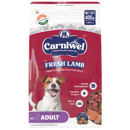 Carniwel Dry Dog Food with Fresh Lamb for adult dogs. Ideal for small-breed dogs & pedigree dog. Premium & healthy dog food.