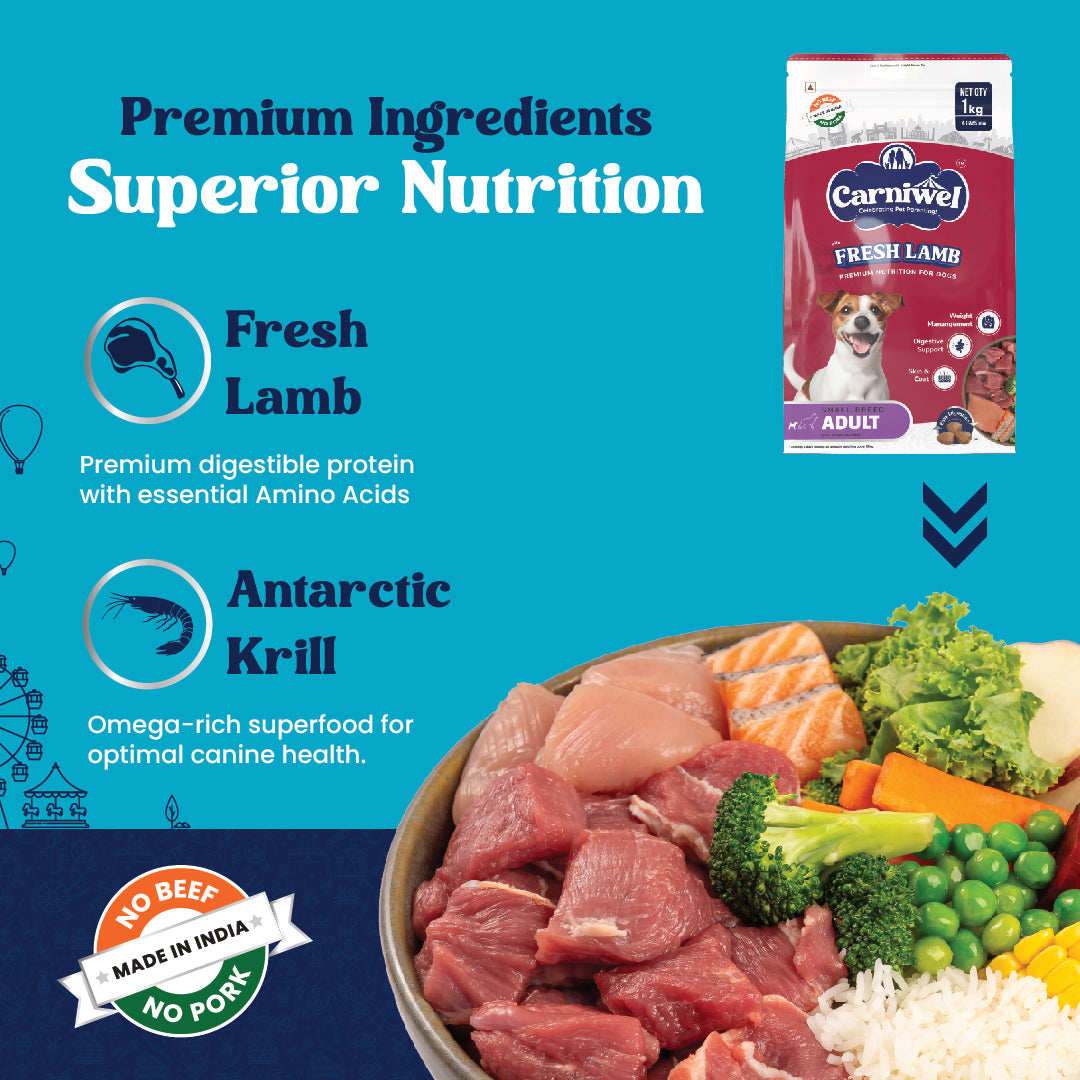Carniwel Fresh Lamb Dry Dog Food with premium ingredients- Fresh Lamb, Antarctic Krill, Fish, Yeast Extract, L-carnitine.