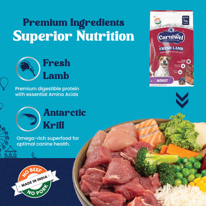 Carniwel Fresh Lamb Dry Dog Food with premium ingredients- Fresh Lamb, Antarctic Krill, Fish, Yeast Extract, L-carnitine.