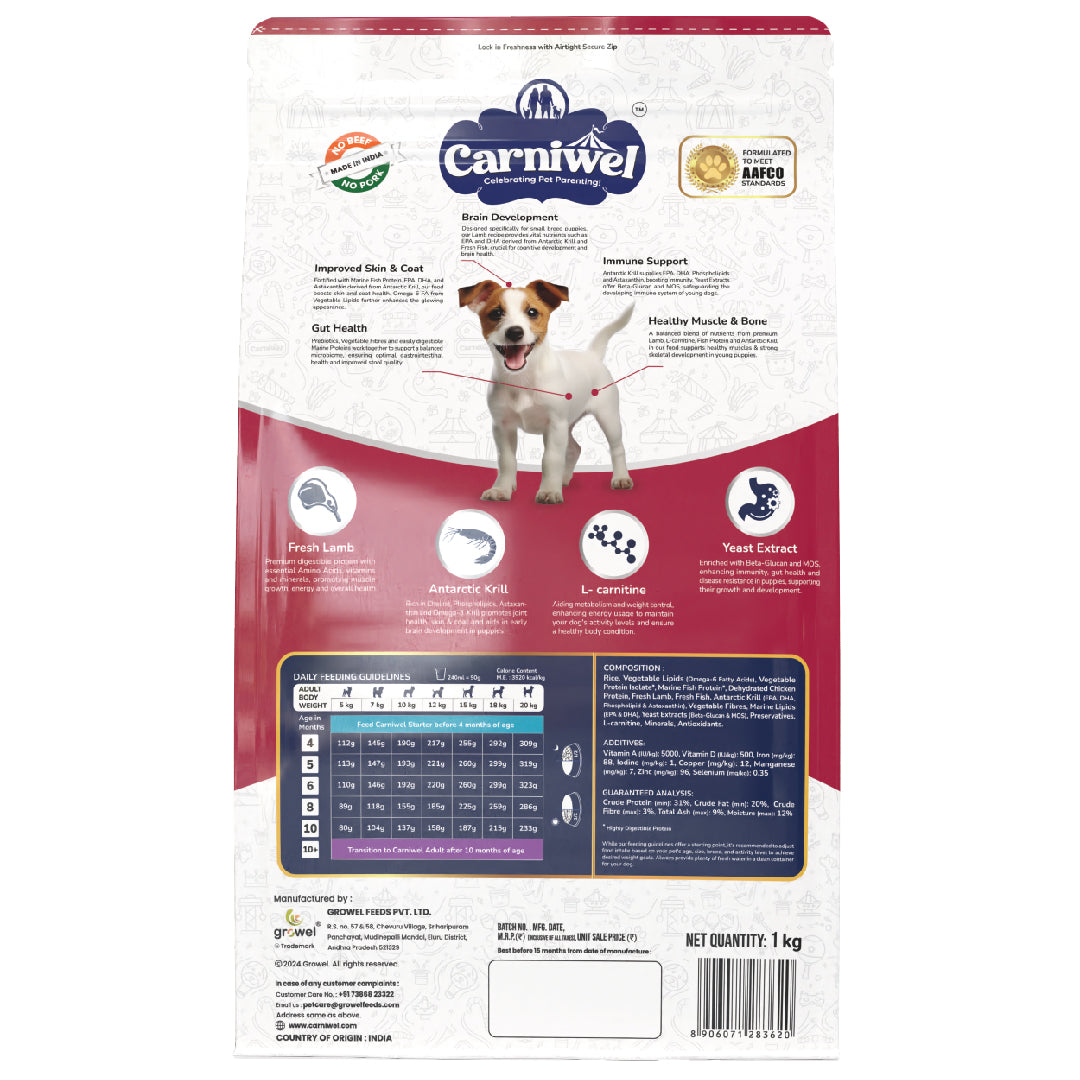 Carniwel Dry Dog Food with Fresh Lamb for puppy formulated as per AAFCO standards. Premium & healthy dog food | Best Pet Food