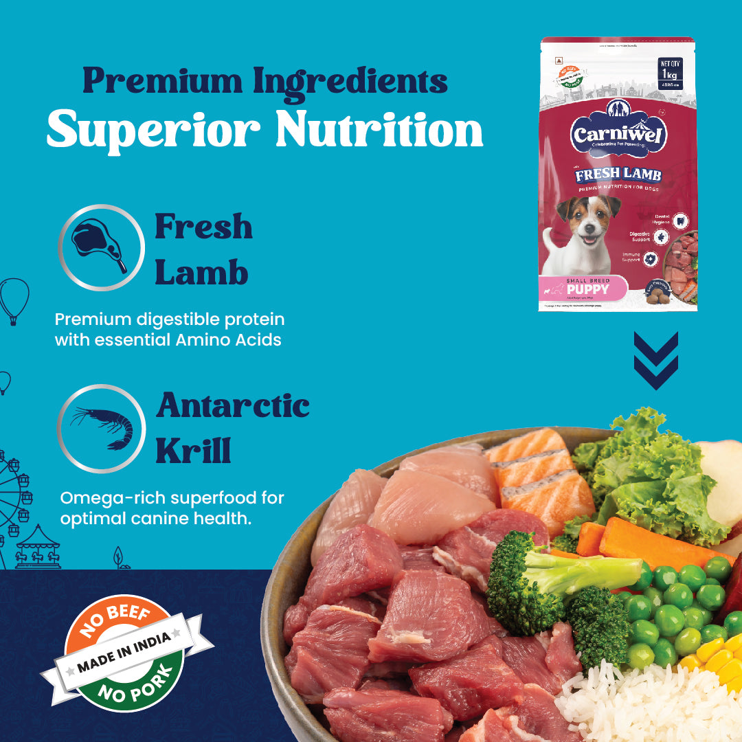 Carniwel Fresh Lamb Dry Dog Food with premium ingredients- Fresh Lamb, Antarctic Krill, Fish, Yeast Extract, L-carnitine.