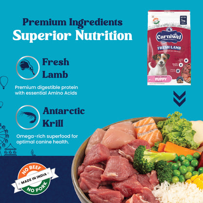 Carniwel Fresh Lamb Dry Dog Food with premium ingredients- Fresh Lamb, Antarctic Krill, Fish, Yeast Extract, L-carnitine.