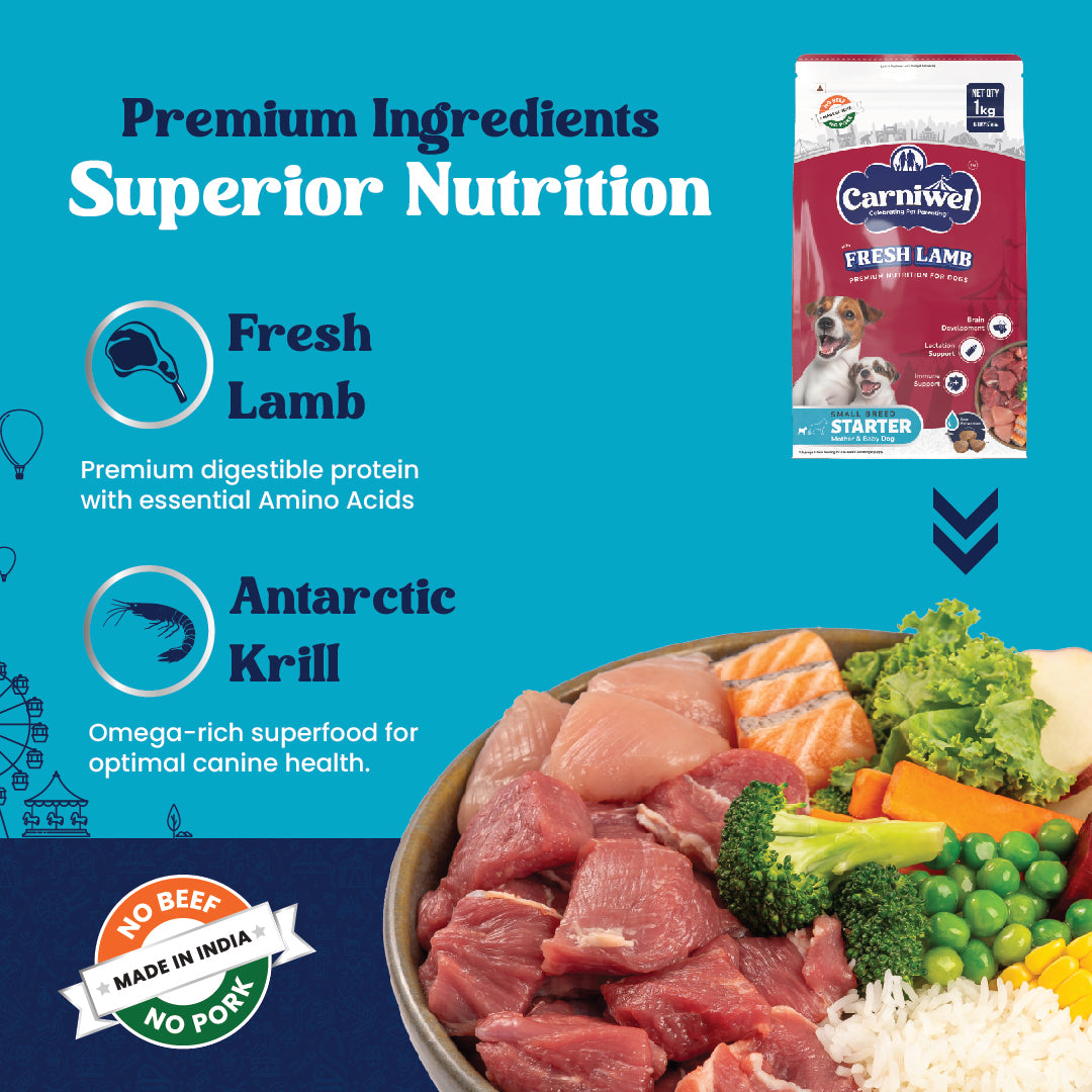 Carniwel Fresh Lamb Dry Dog Food with premium ingredients- Fresh Lamb, Antarctic Krill, Fish, Yeast Extract, L-carnitine.