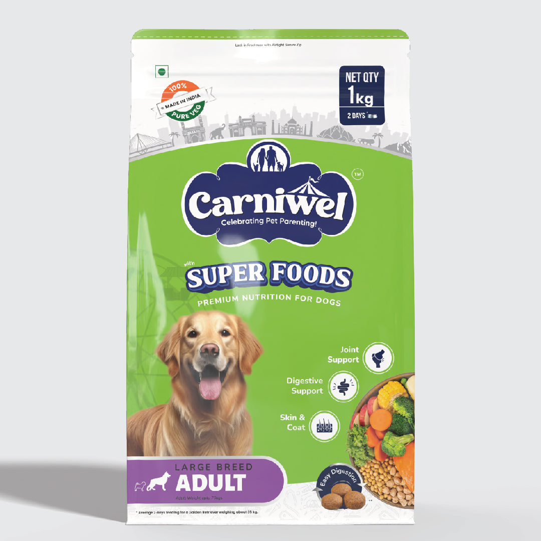 Carniwel Dry Dog Food with superfoods for adult dogs. 100% vegetarian, ideal for large-breed dogs & pedigree dog. Healthy dog food